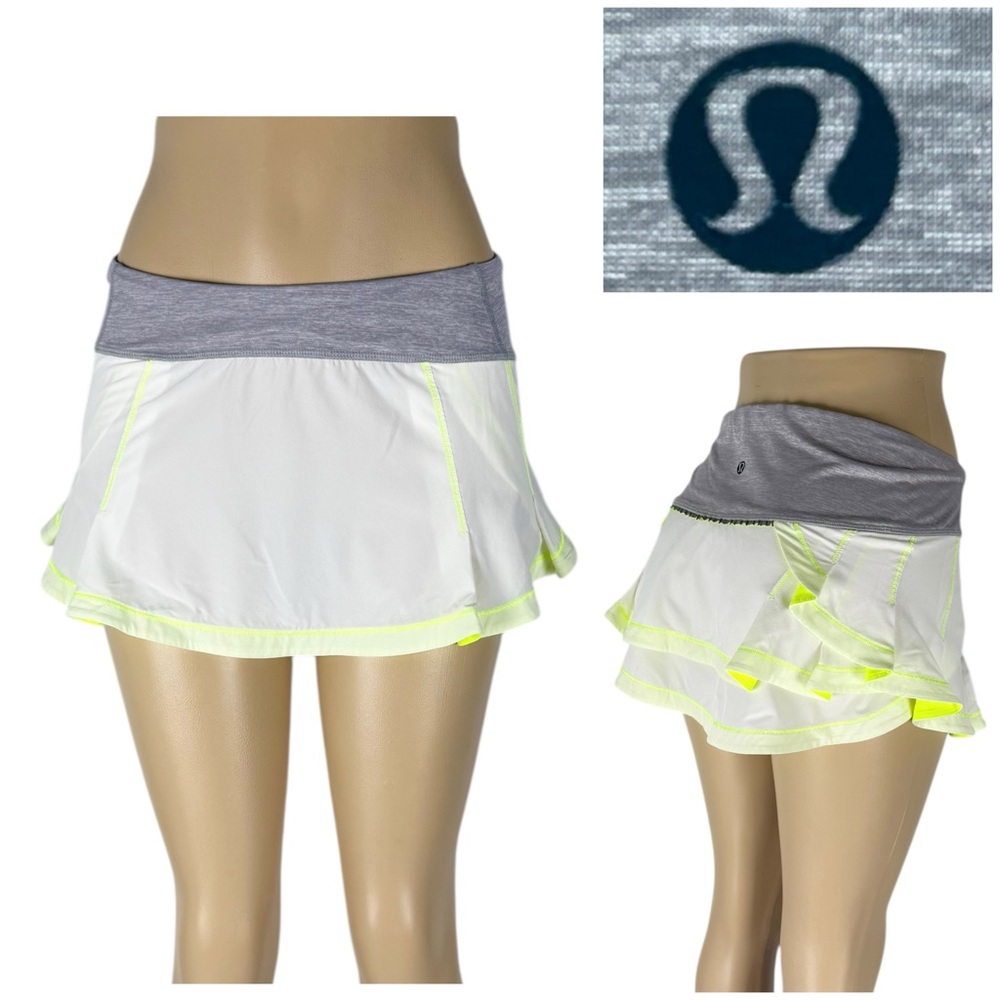Lululemon Womens Size 6 Presta Skirt White Neon Yellow Mini Athletic Unlined EUC